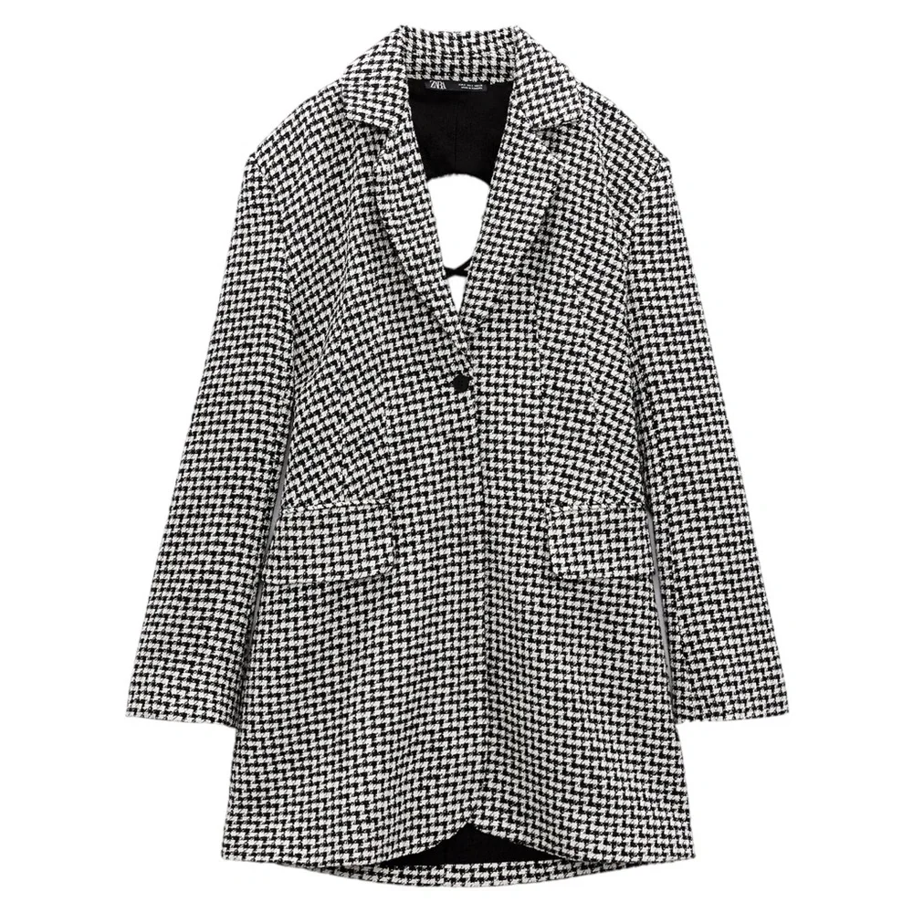 ZARA Tweed Houndstooth Lace Up Open Back Preppy Academia Blazer Mini Dress S - Picture 9 of 16